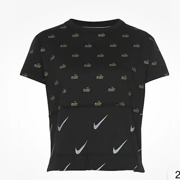Nike metallic crop tee. Black w gold & white logo swoosh print. - Picture 4 of 7